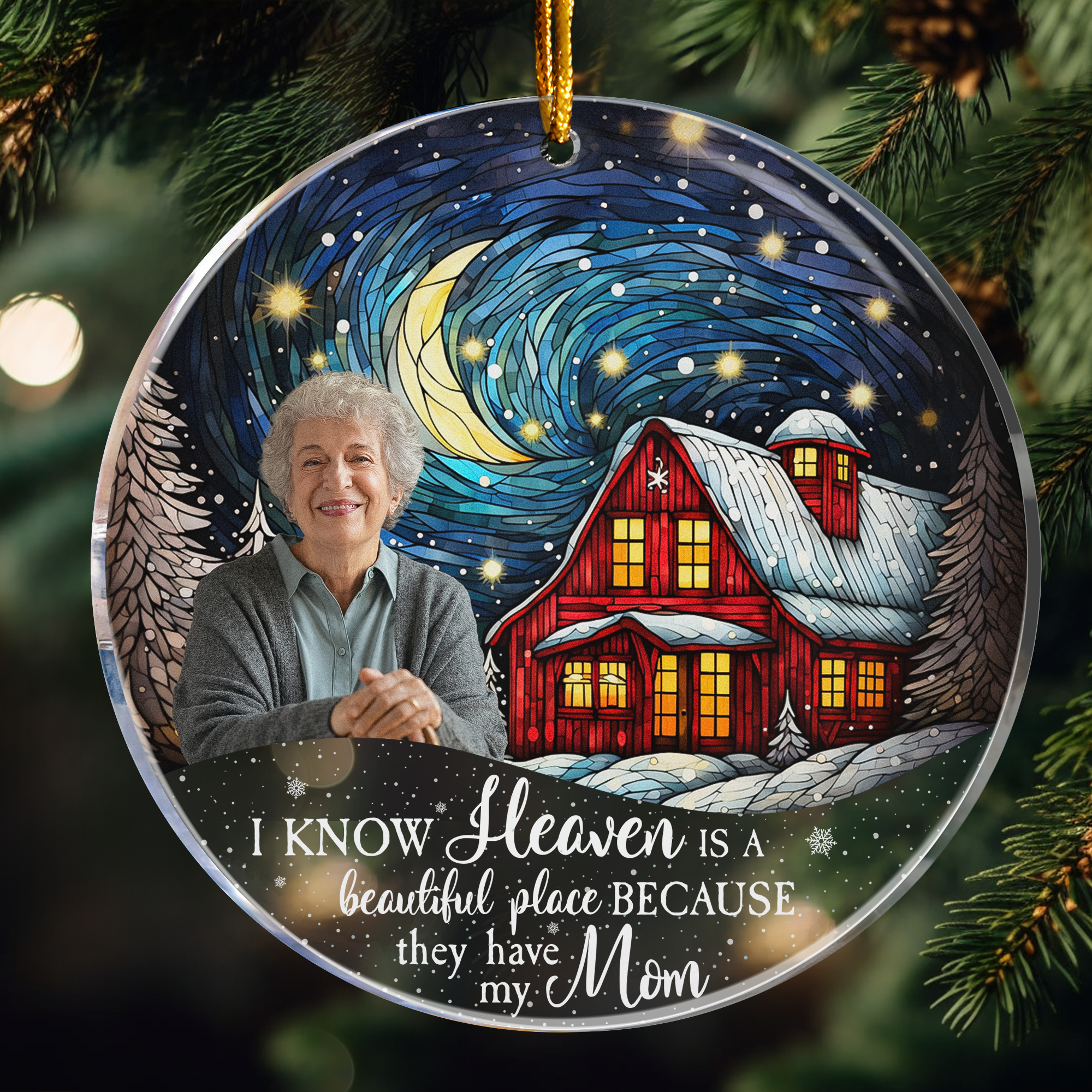 Red Barn Christmas Night Heaven - Memorial Gifts - Personalized Acrylic Photo Ornament ORN0810