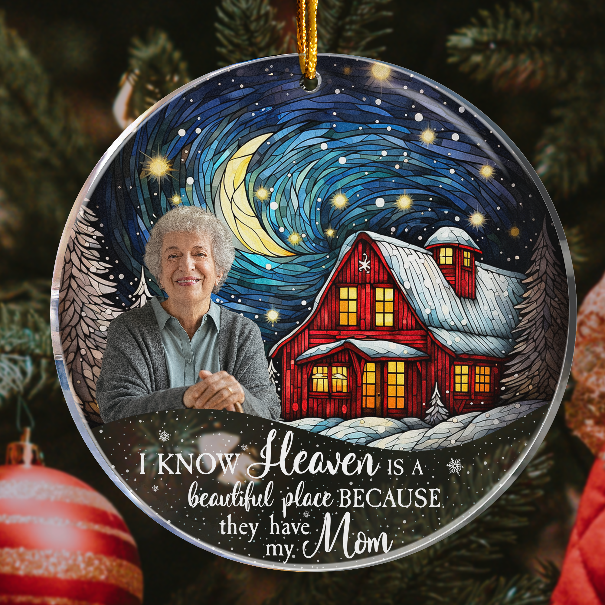 Red Barn Christmas Night Heaven - Memorial Gifts - Personalized Acrylic Photo Ornament ORN0810
