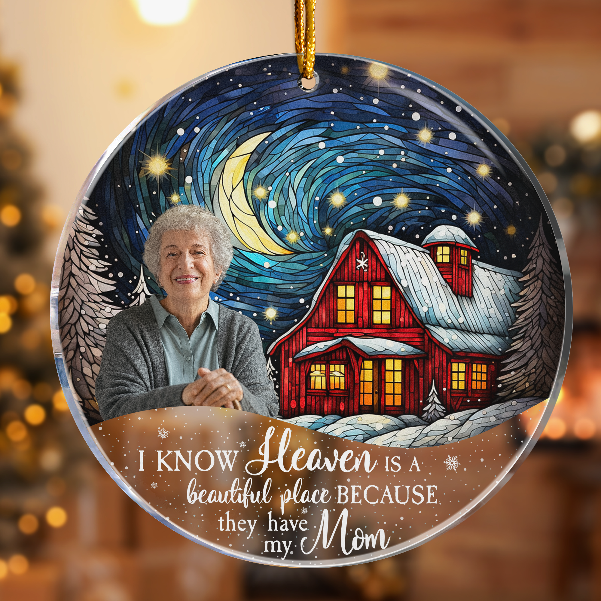 Red Barn Christmas Night Heaven - Memorial Gifts - Personalized Acrylic Photo Ornament ORN0810