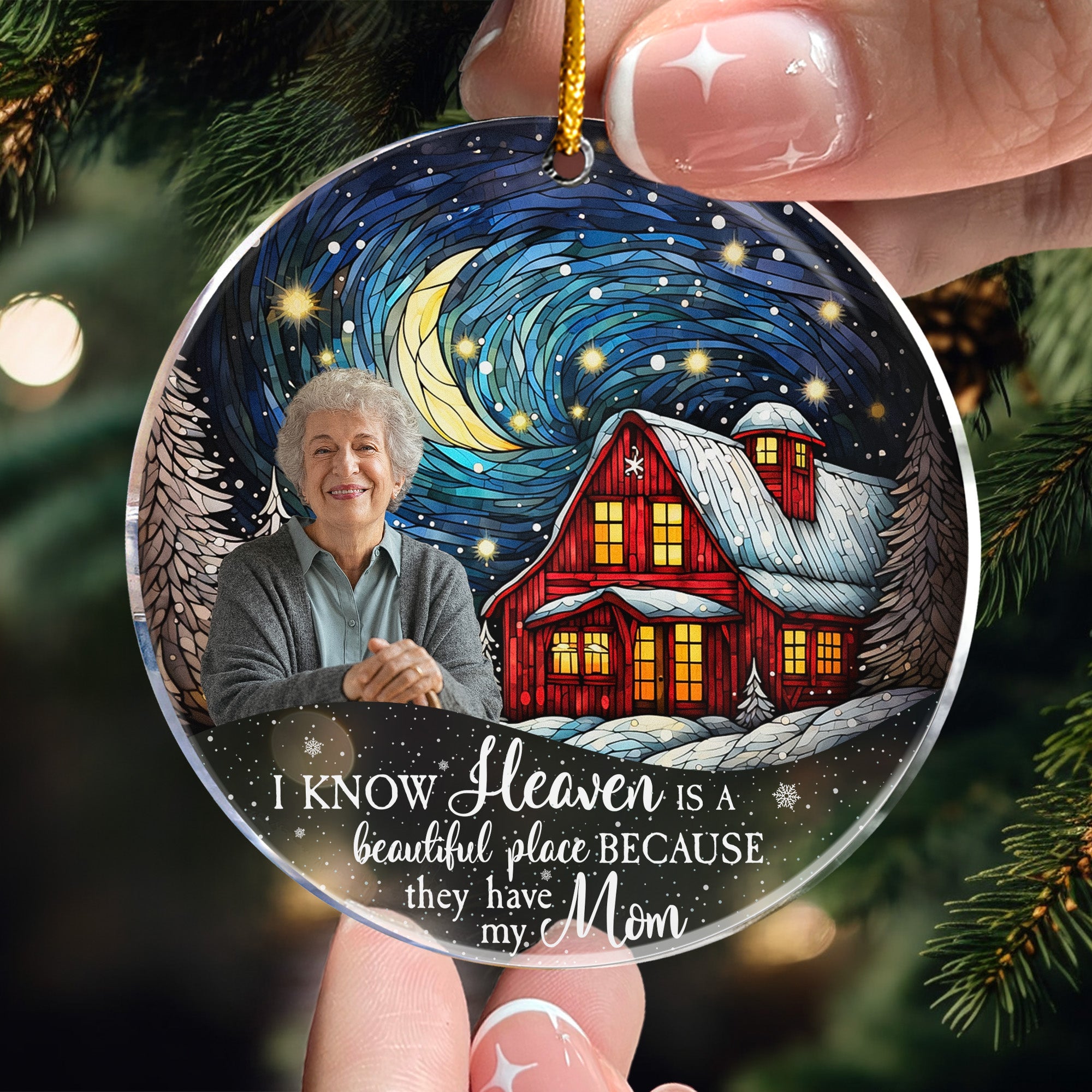 Red Barn Christmas Night Heaven - Memorial Gifts - Personalized Acrylic Photo Ornament ORN0810