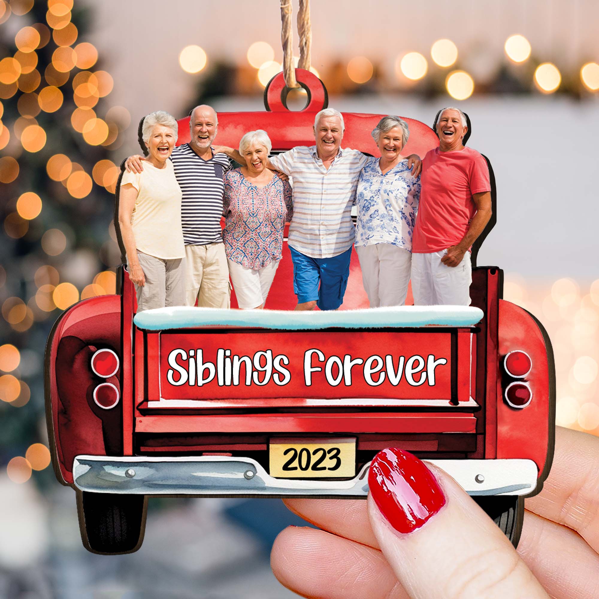 Red Truck Christmas Custom Photo Family Friends - Personalized Wooden Photo Ornament ORN0810