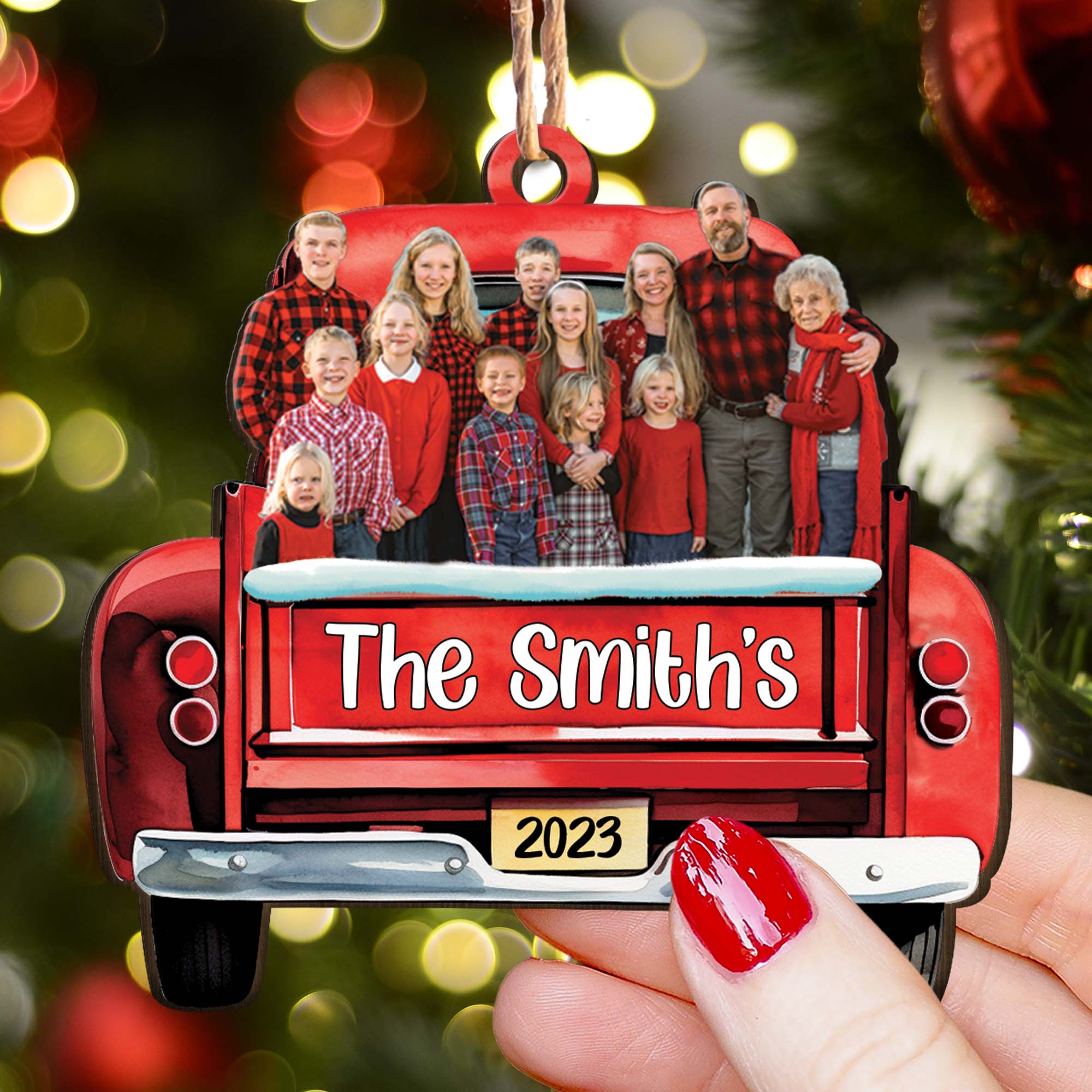 Red Truck Christmas Custom Photo Family Friends - Personalized Wooden Photo Ornament ORN0810
