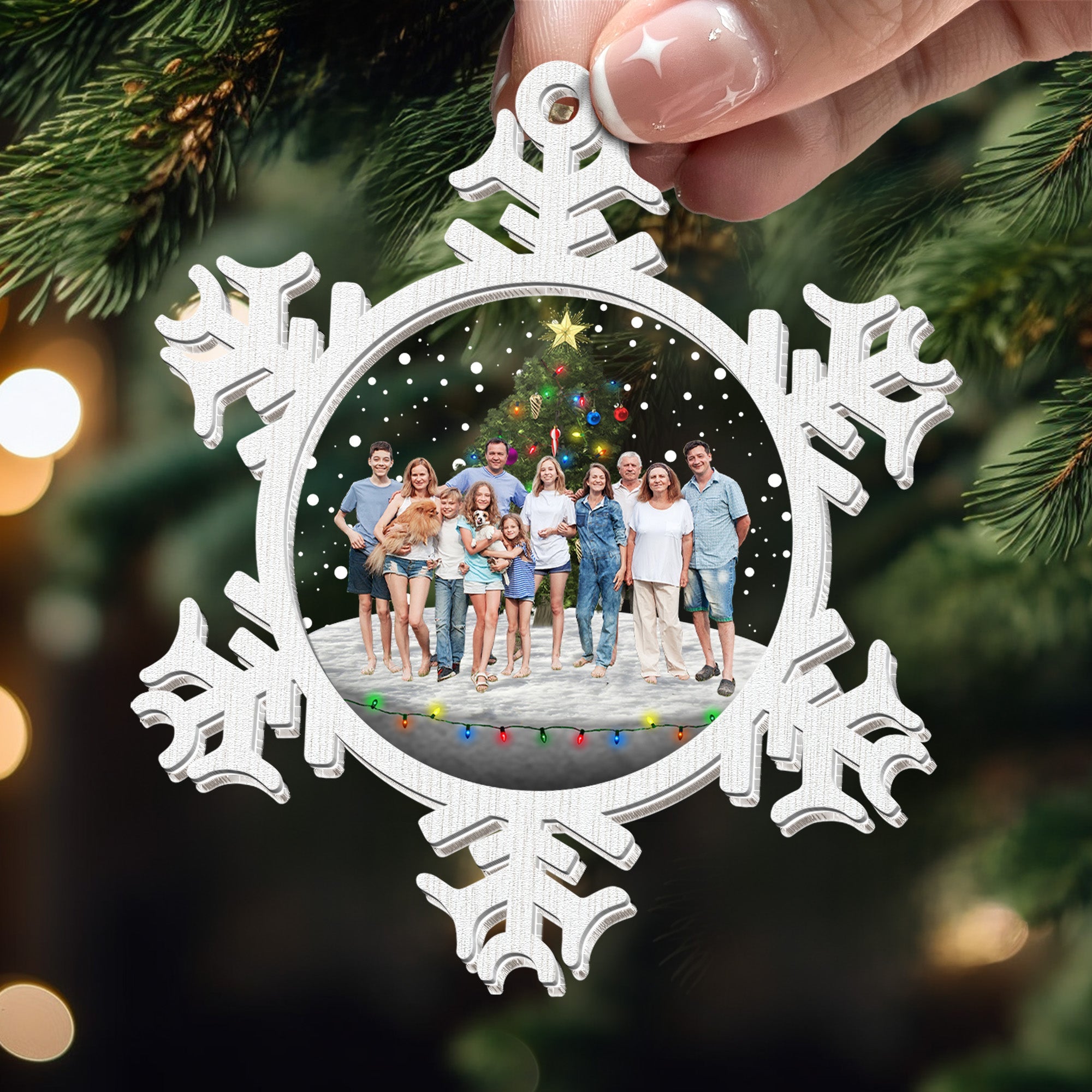 Snowflakes Merry Christmas With Family - Personalized Wood And Acrylic Photo Ornament ORN0810