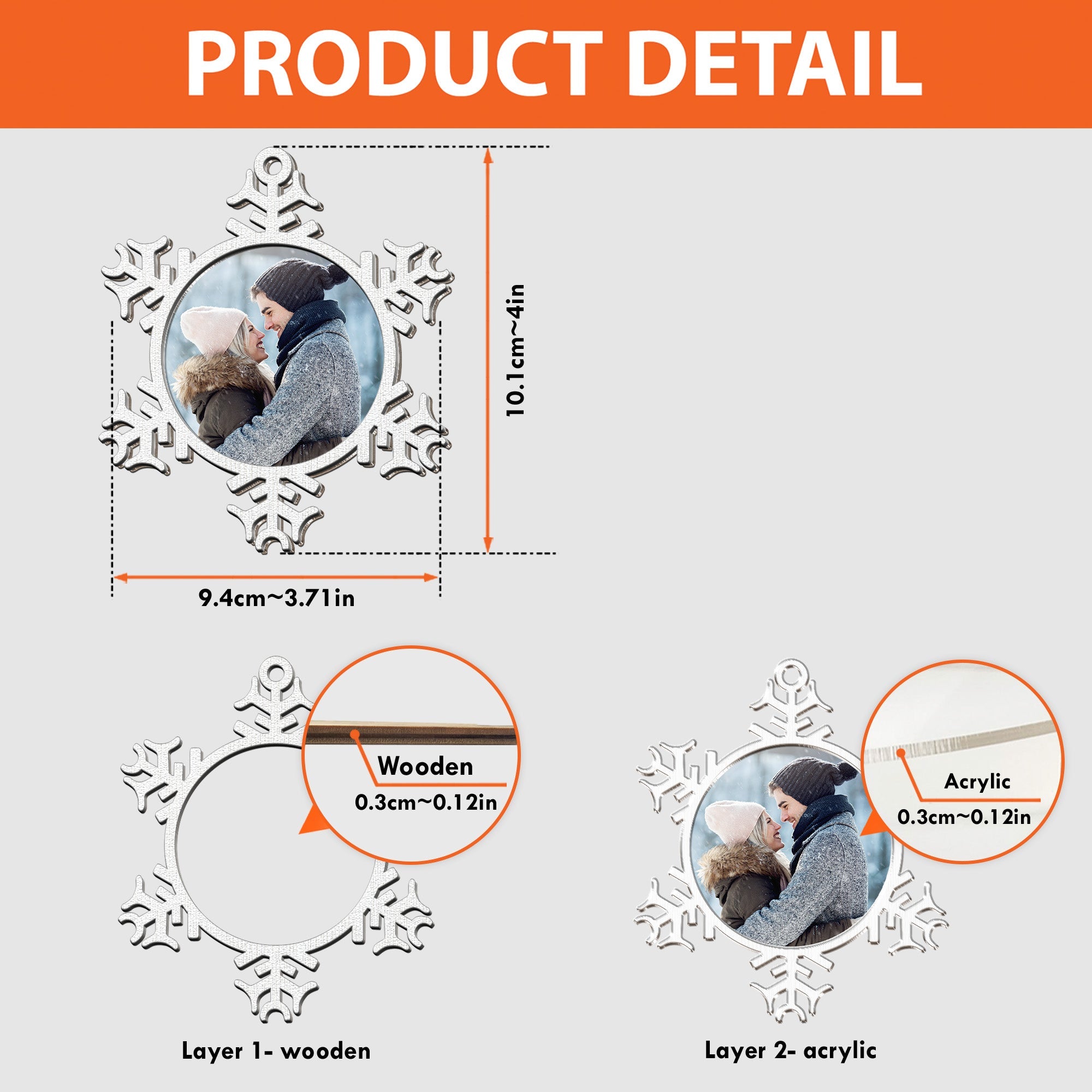 Snowflakes Ornament For Couple, Family - Personalized Wood And Acrylic Photo Ornament 1 ORN0810