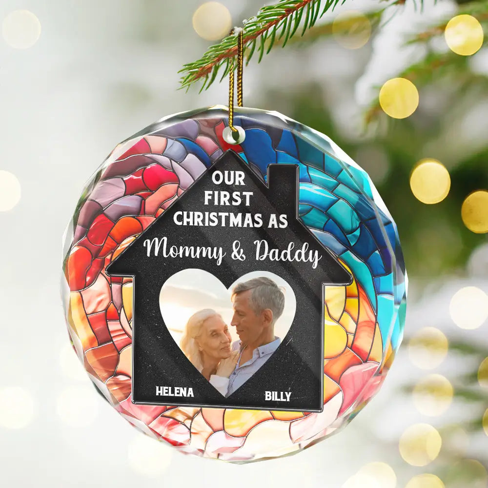 Custom Photo Couple Our First Christmas In Our New Home - Stained Effect Printed, Personalized Circle Glass Ornament ORNA1210