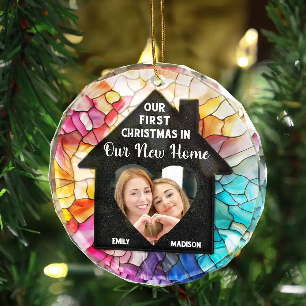 Custom Photo Couple Our First Christmas In Our New Home - Stained Effect Printed, Personalized Circle Glass Ornament ORNA1210