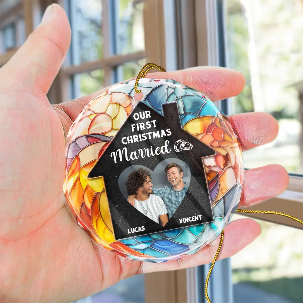Custom Photo Couple Our First Christmas In Our New Home - Stained Effect Printed, Personalized Circle Glass Ornament ORNA1210