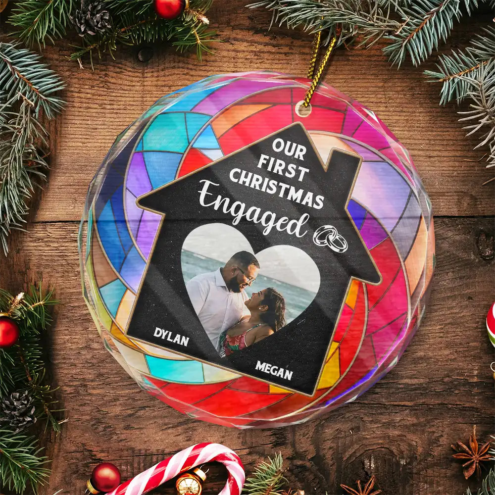 Custom Photo Couple Our First Christmas In Our New Home - Stained Effect Printed, Personalized Circle Glass Ornament ORNA1210