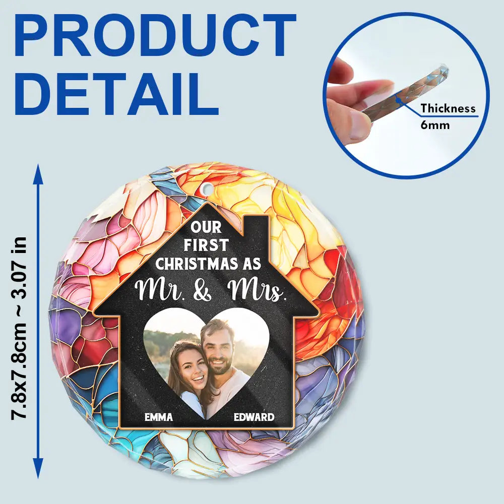 Custom Photo Couple Our First Christmas In Our New Home - Stained Effect Printed, Personalized Circle Glass Ornament ORNA1210