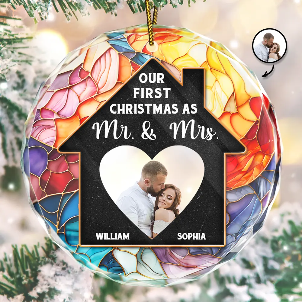 Custom Photo Couple Our First Christmas In Our New Home - Stained Effect Printed, Personalized Circle Glass Ornament ORNA1210