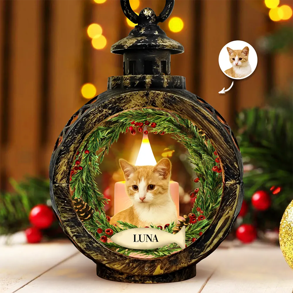 Custom Photo Lovely Dog Cat Face Wreath Pet Memorial - Personalized Candlelight Lantern Ornament ORNA1210
