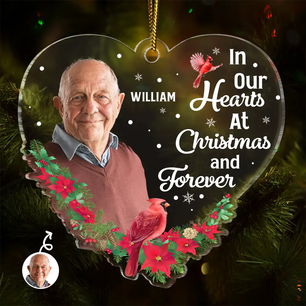 Custom Photo In Our Hearts At Christmas And Forever - Personalized Custom Shaped Acrylic Ornament ORNA1210