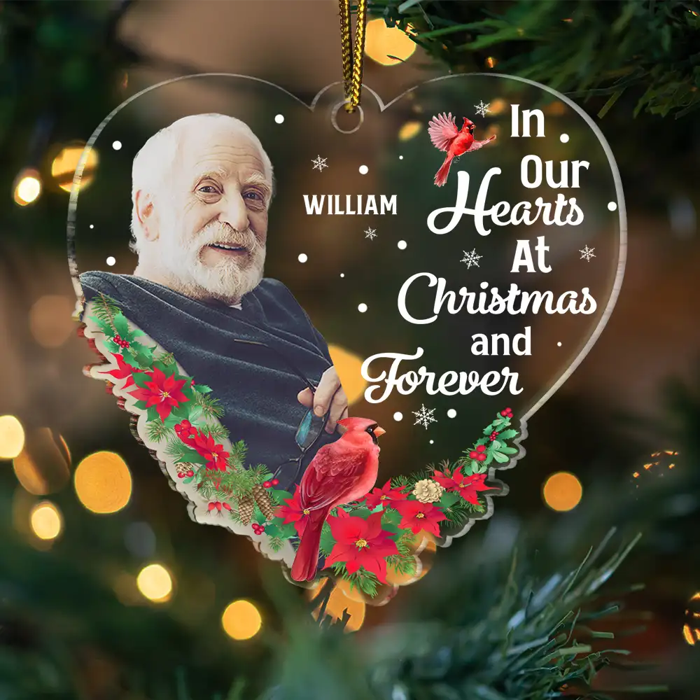 Custom Photo In Our Hearts At Christmas And Forever - Personalized Custom Shaped Acrylic Ornament ORNA1210
