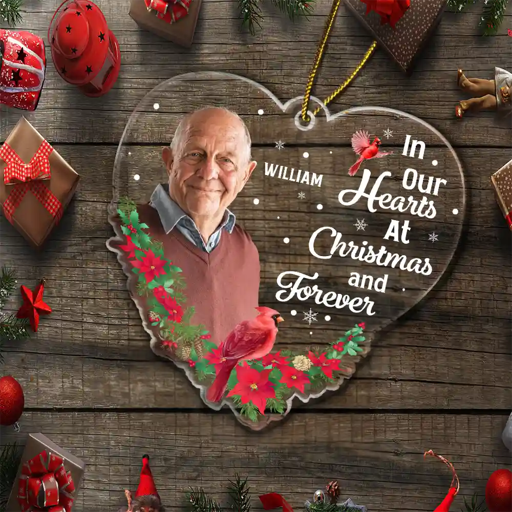 Custom Photo In Our Hearts At Christmas And Forever - Personalized Custom Shaped Acrylic Ornament ORNA1210