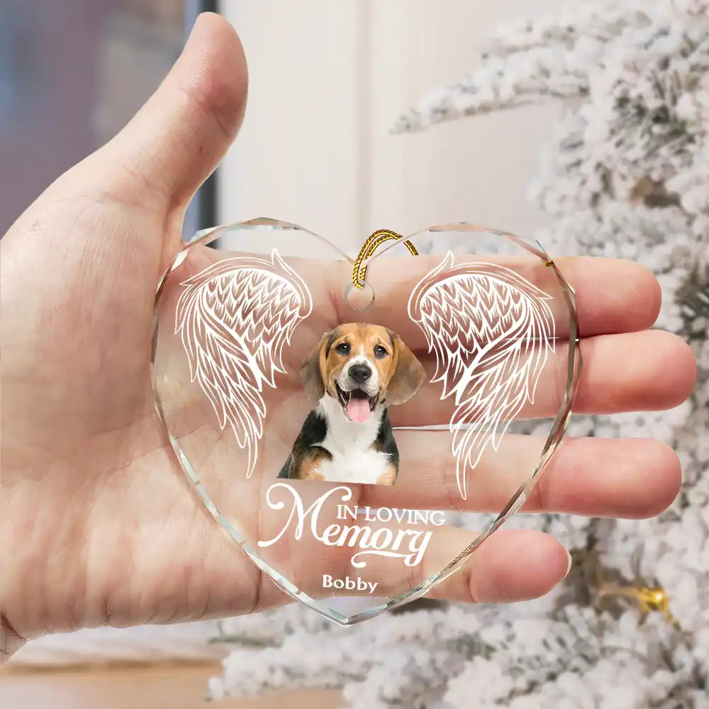 Custom Photo In Loving Memory Angel Wings Pet - Personalized Heart Shaped Glass Ornament ORNA1210