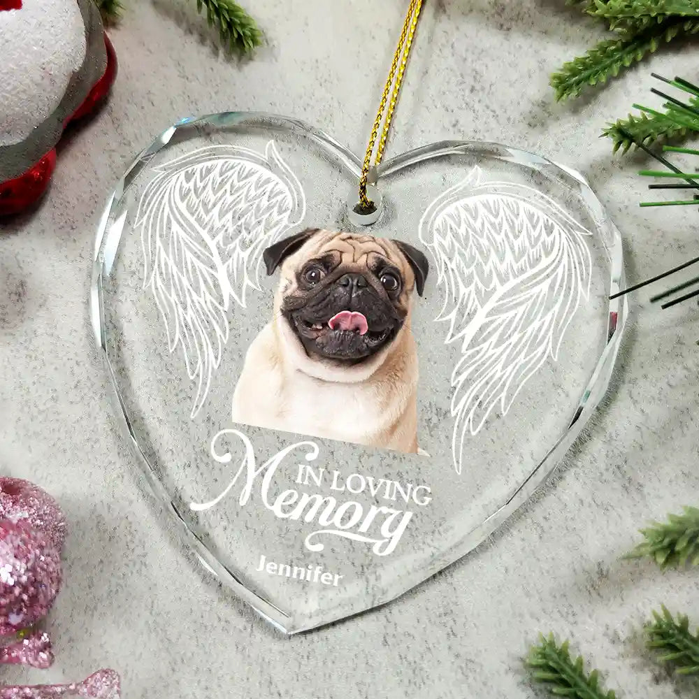 Custom Photo In Loving Memory Angel Wings Pet - Personalized Heart Shaped Glass Ornament ORNA1210
