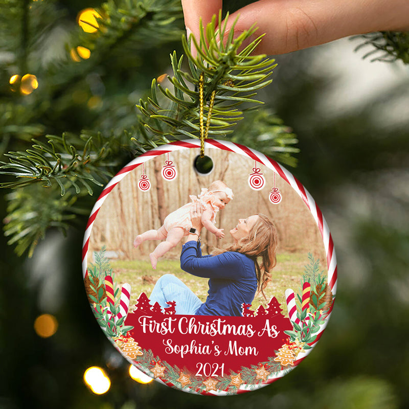 Custom Photo First Christmas As Grandpa Grandma - Christmas Gift For Family - Personalized Custom Circle Ceramic Ornament ORNA1210