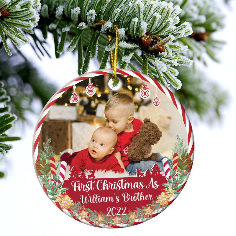 Custom Photo First Christmas As Grandpa Grandma - Christmas Gift For Family - Personalized Custom Circle Ceramic Ornament ORNA1210