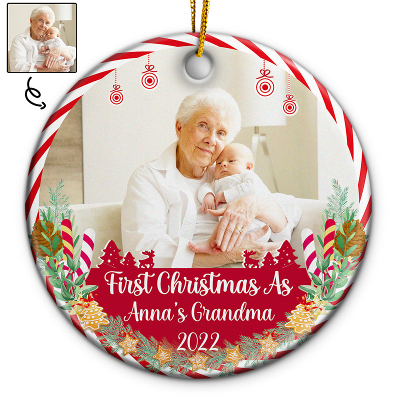Custom Photo First Christmas As Grandpa Grandma - Christmas Gift For Family - Personalized Custom Circle Ceramic Ornament ORNA1210