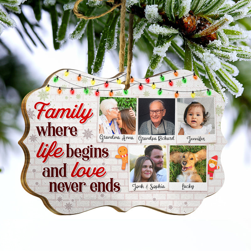Custom Photo Family Where Life Begins And Love Never Ends - Christmas Gift For Family - Personalized Custom Wooden Ornament ORNA1210
