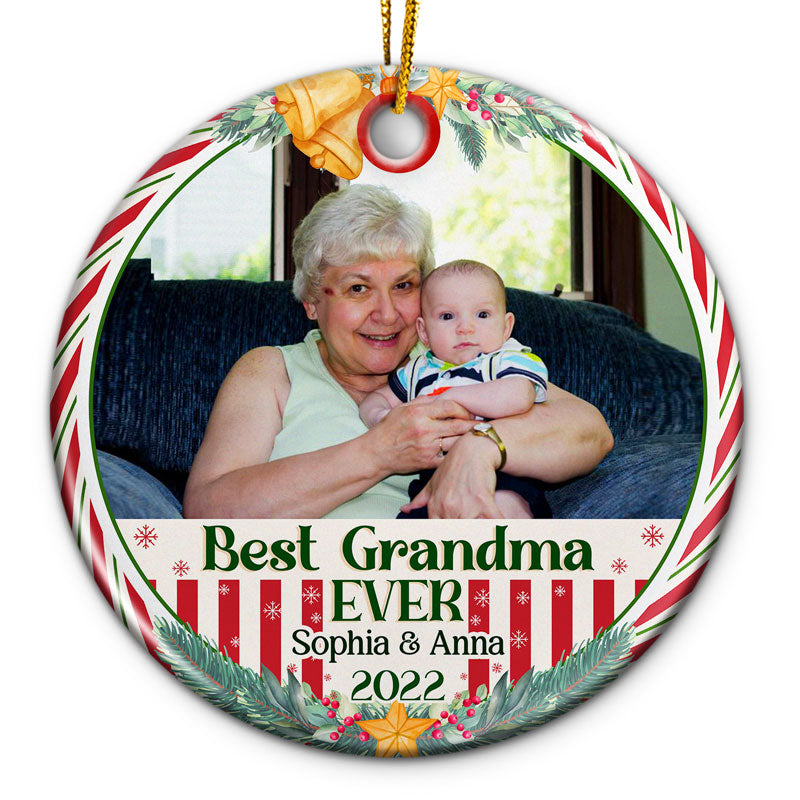 Custom Photo Best Grandma Grandpa Ever - Christmas Gift For Family - Personalized Custom Circle Ceramic Ornament ORNA1210