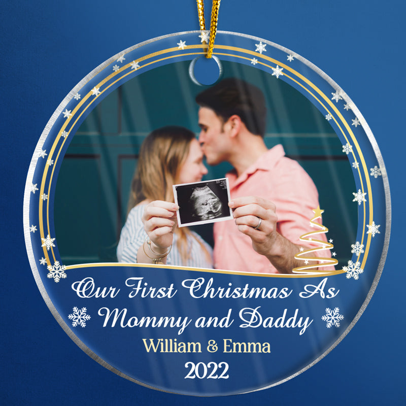 Custom Photo Our First Christmas As Family - Christmas Gift For Family And Couple - Personalized Custom Circle Acrylic Ornament ORNA1210