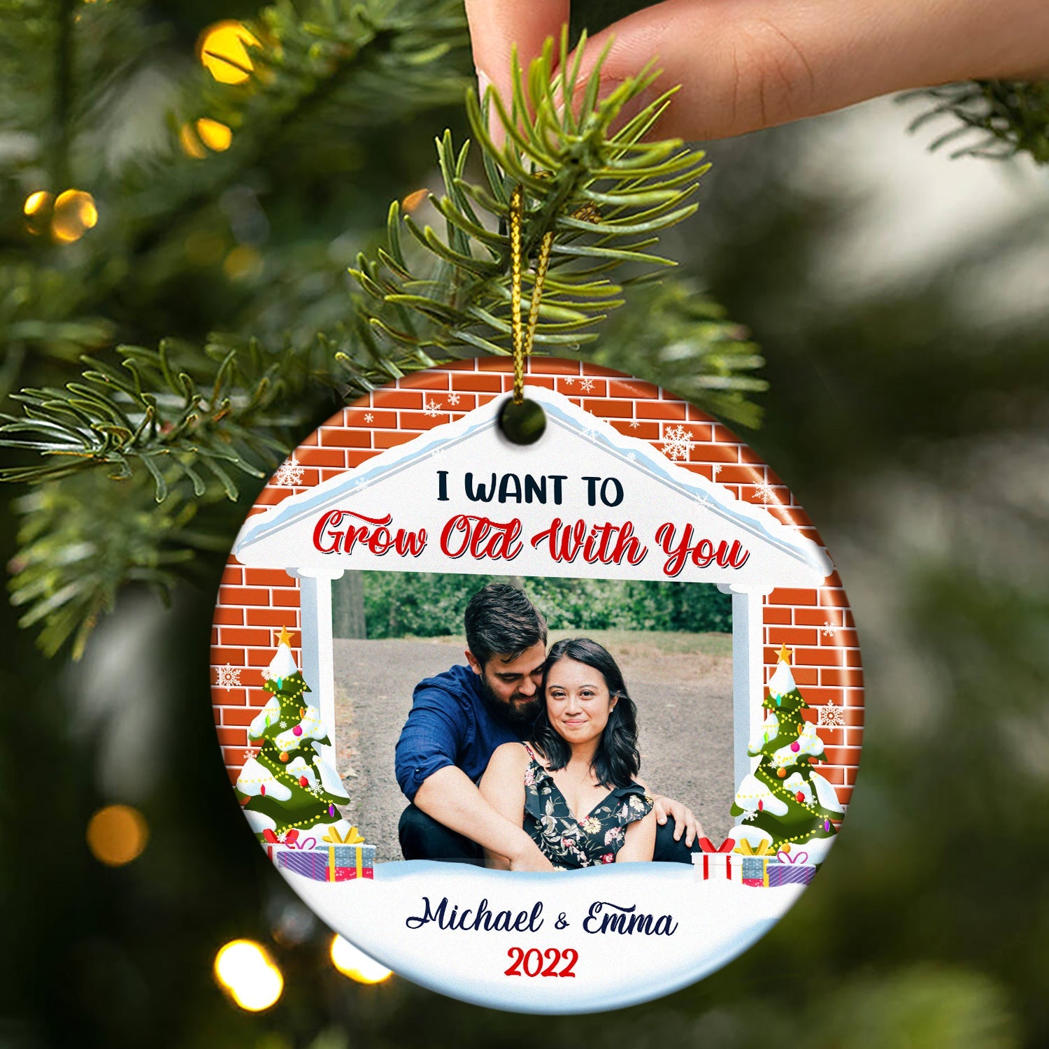 Custom Photo I Want To Grow Old With You - Christmas Gift For Couple - Personalized Custom Circle Ceramic Ornament ORNA1210