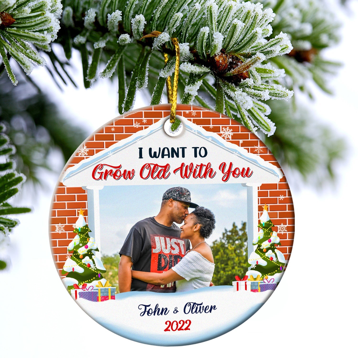 Custom Photo I Want To Grow Old With You - Christmas Gift For Couple - Personalized Custom Circle Ceramic Ornament ORNA1210