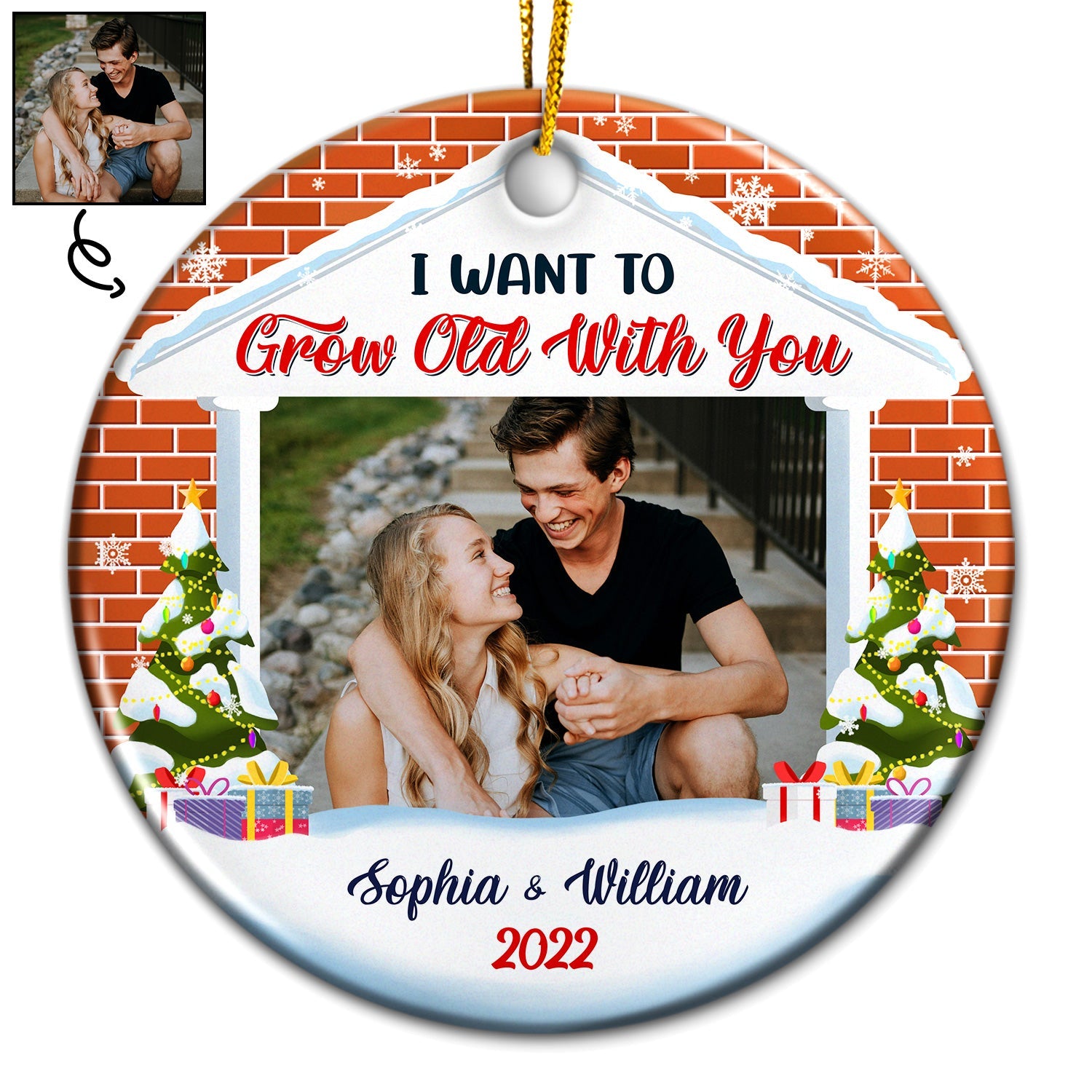 Custom Photo I Want To Grow Old With You - Christmas Gift For Couple - Personalized Custom Circle Ceramic Ornament ORNA1210