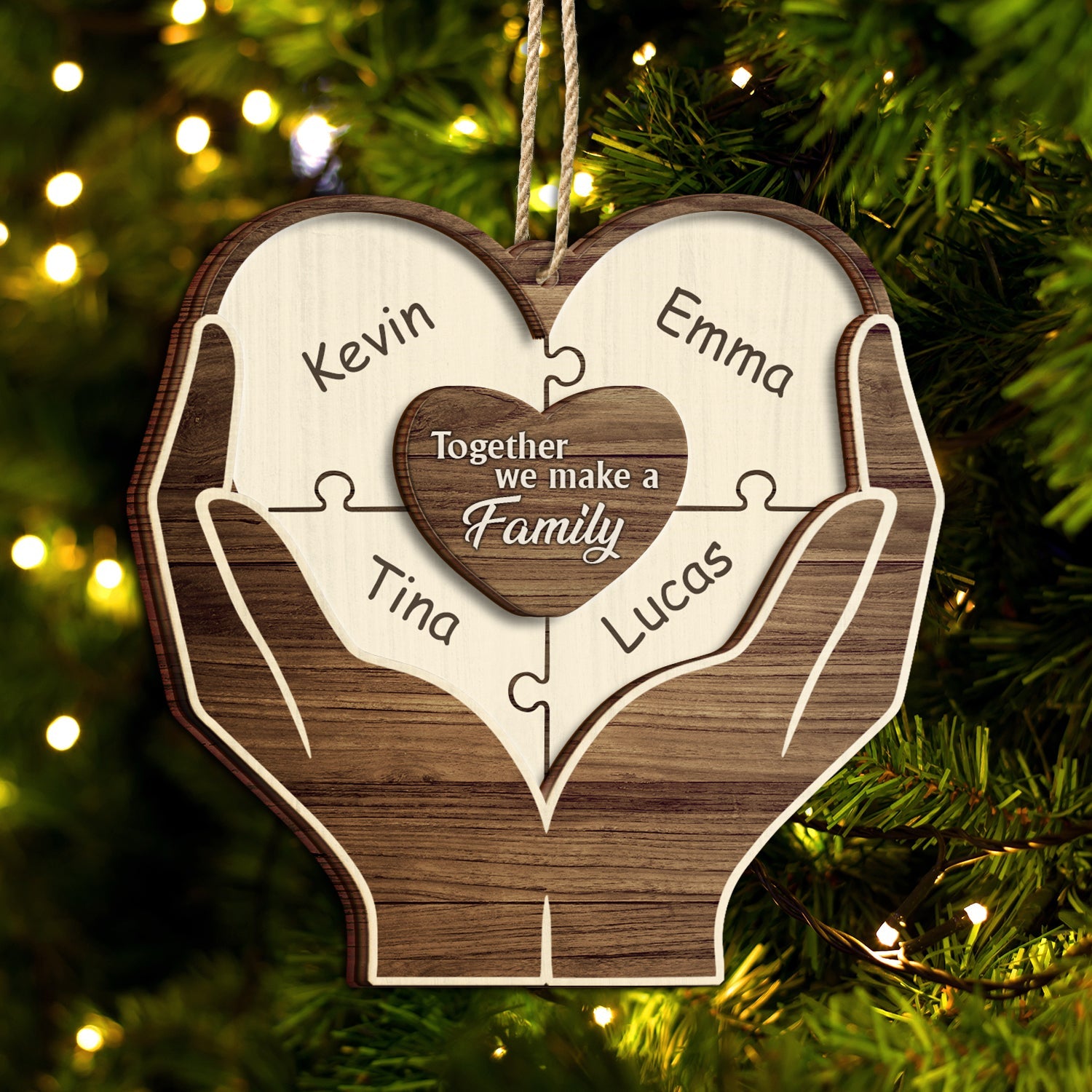 Christmas Hands Puzzle Together We Make A Family - Gift For Family - Personalized 2-Layered Wooden Ornament ORNA1210