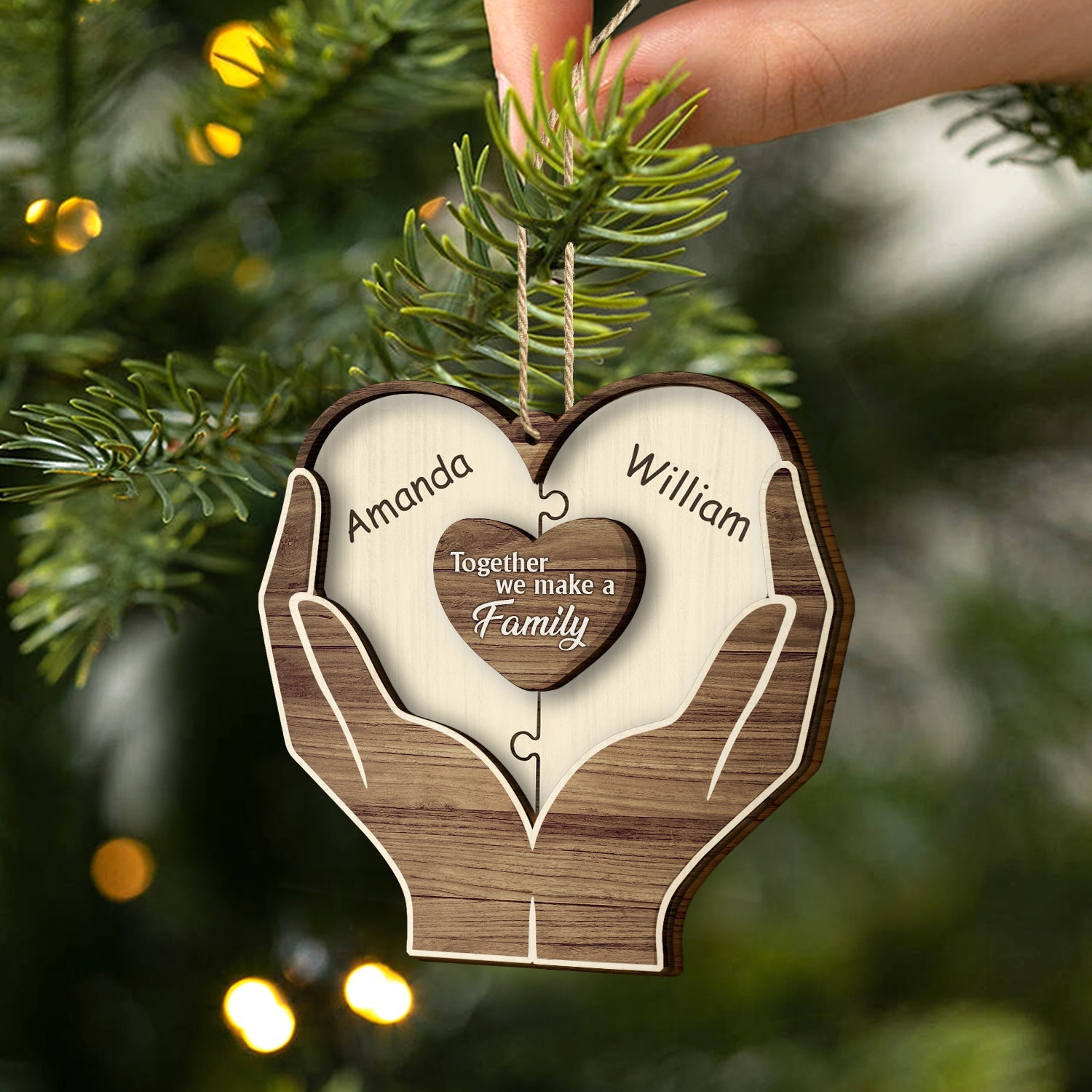 Christmas Hands Puzzle Together We Make A Family - Gift For Family - Personalized 2-Layered Wooden Ornament ORNA1210