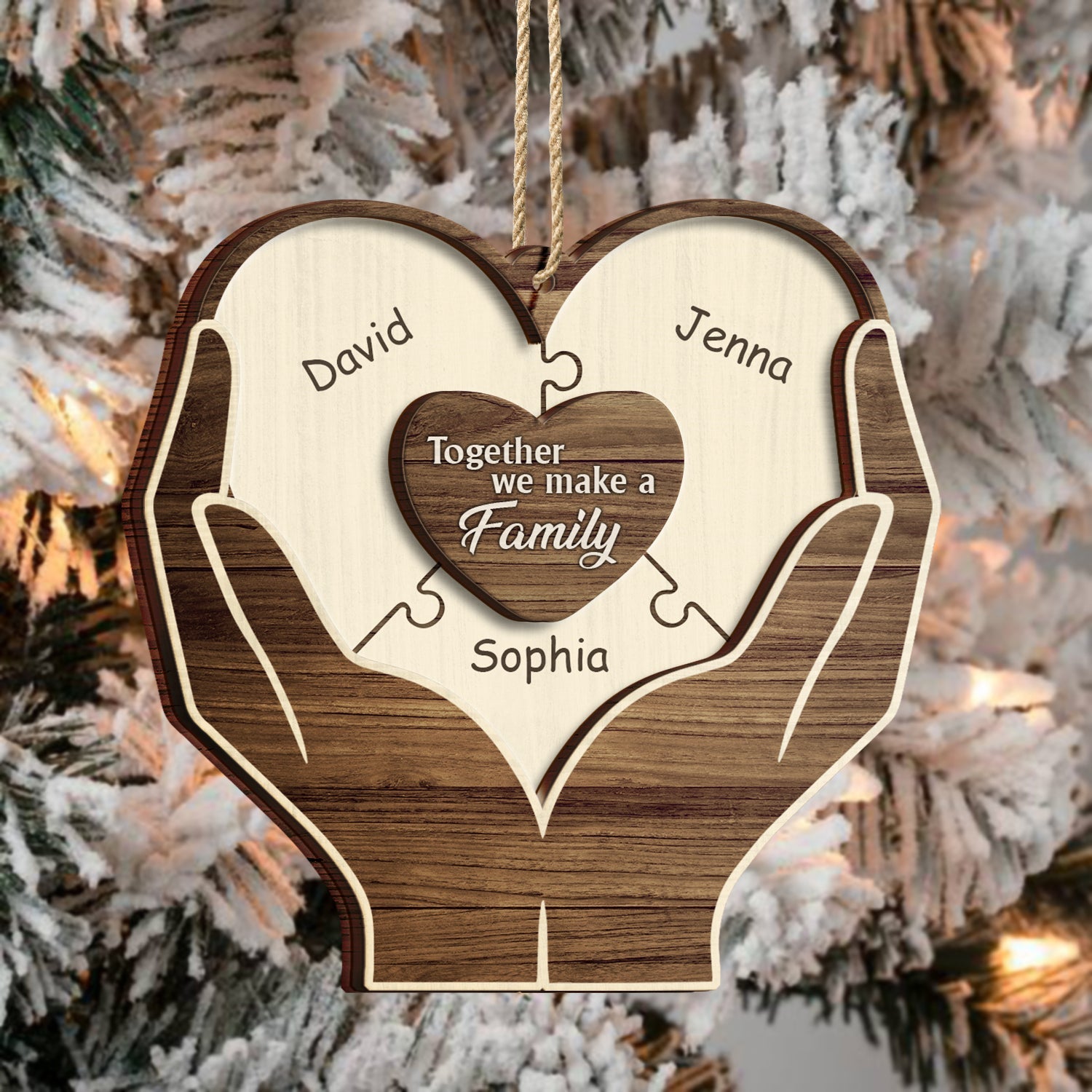 Christmas Hands Puzzle Together We Make A Family - Gift For Family - Personalized 2-Layered Wooden Ornament ORNA1210