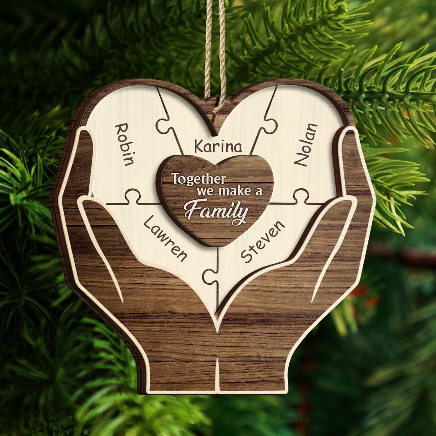 Christmas Hands Puzzle Together We Make A Family - Gift For Family - Personalized 2-Layered Wooden Ornament ORNA1210