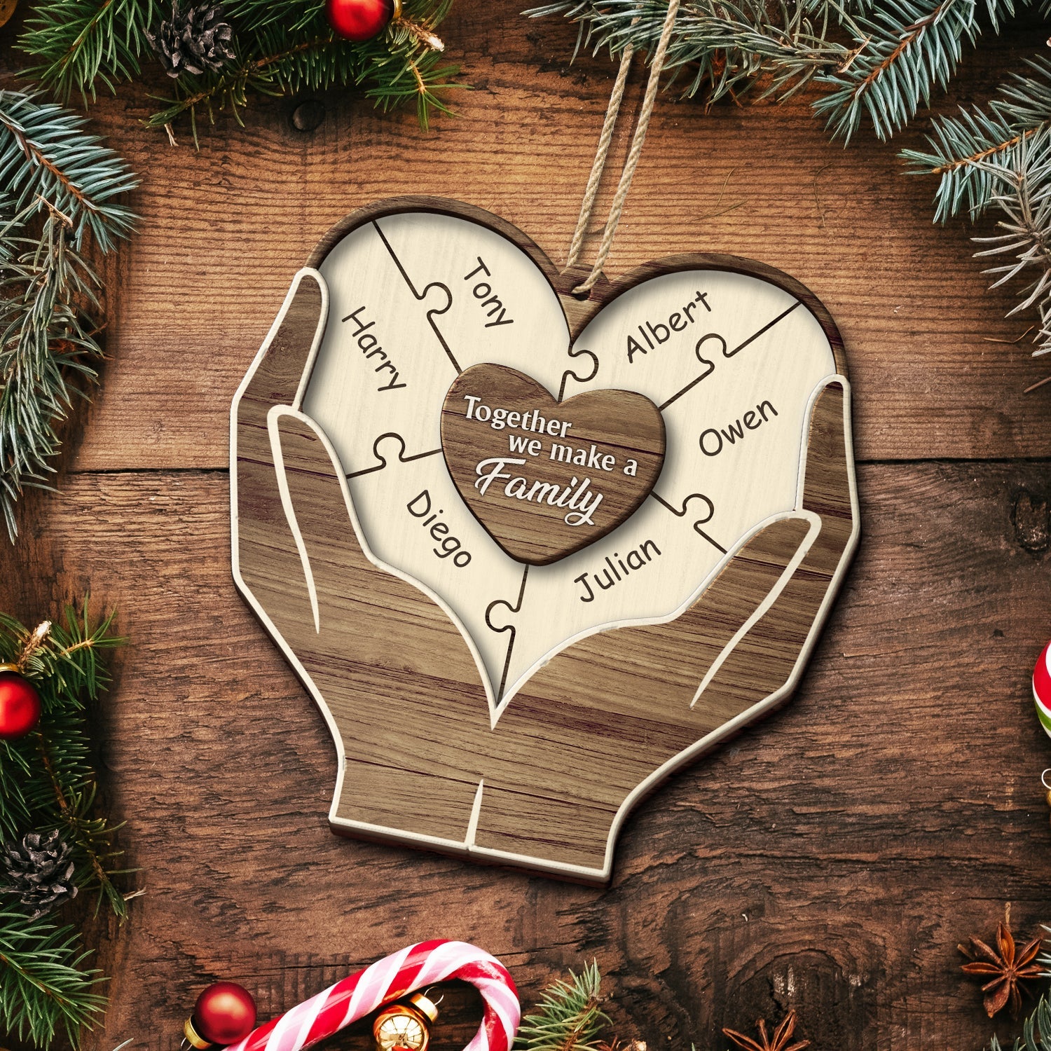 Christmas Hands Puzzle Together We Make A Family - Gift For Family - Personalized 2-Layered Wooden Ornament ORNA1210