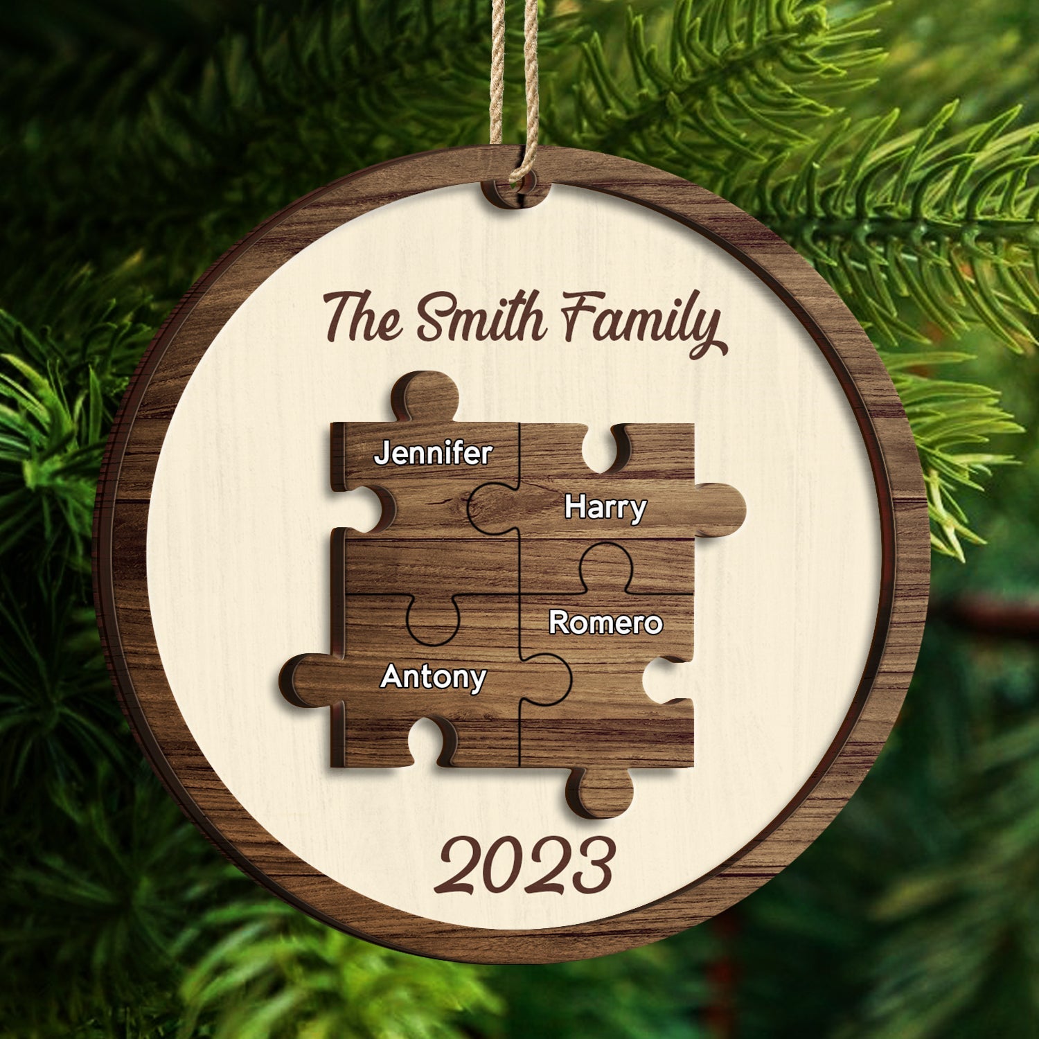 Christmas Family Puzzle Ornament Custom Name - Gift For Family - Personalized 2-Layered Wooden Ornament ORNA1210