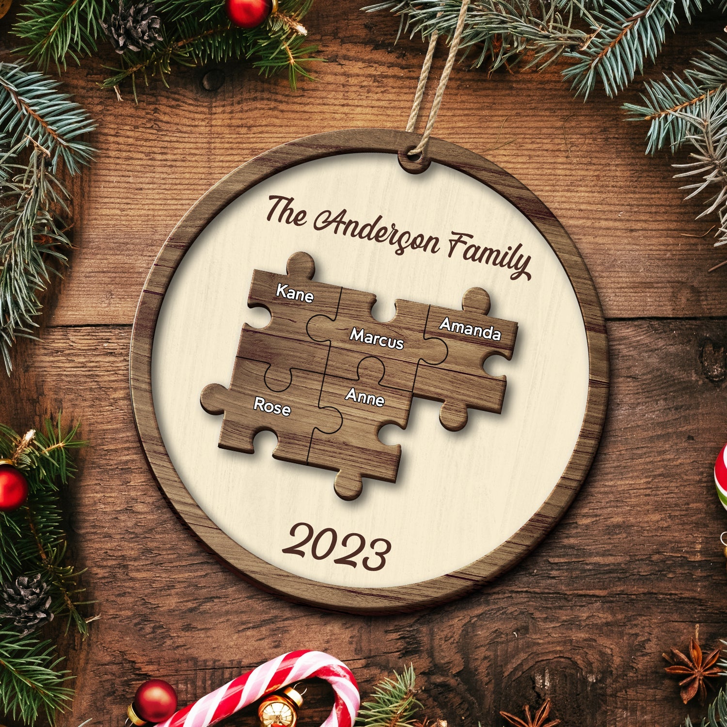 Christmas Family Puzzle Ornament Custom Name - Gift For Family - Personalized 2-Layered Wooden Ornament ORNA1210