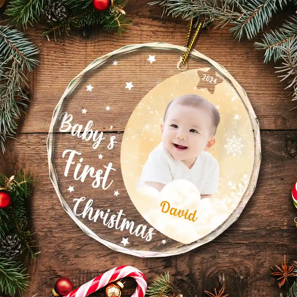 Custom Photo New Baby's First Christmas - Personalized Circle Glass Ornament ORNA1210