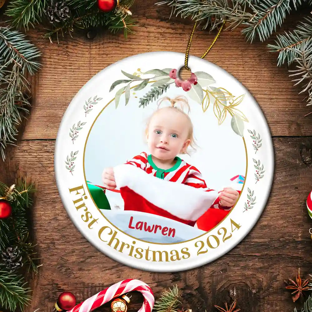 Custom Photo Baby's First Christmas - Personalized Circle Ceramic Ornament ORNA1210