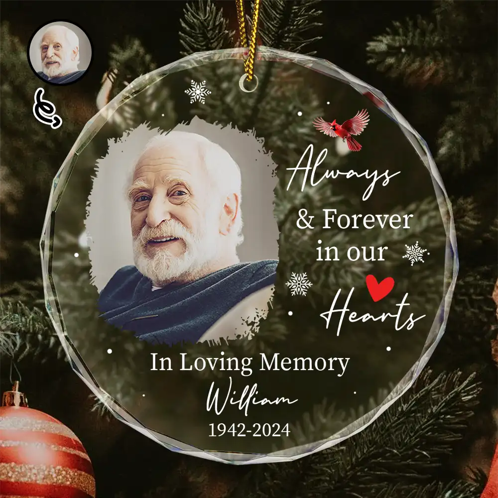 Custom Photo Always & Forever In Our Hearts - Personalized Circle Glass Ornament ORNA1210
