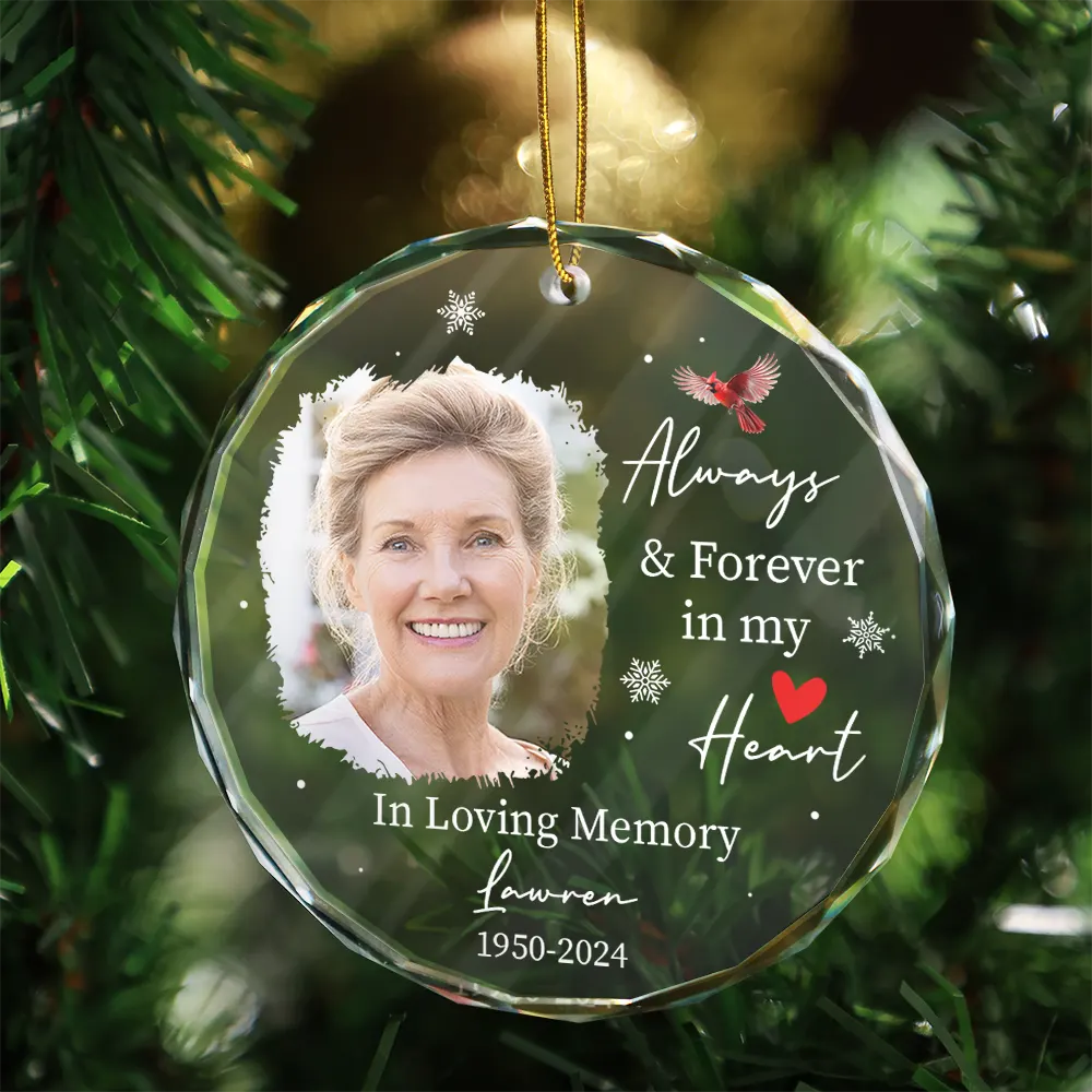 Custom Photo Always & Forever In Our Hearts - Personalized Circle Glass Ornament ORNA1210