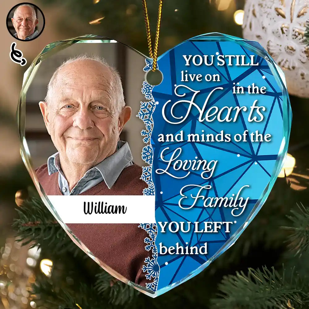 Custom Photo Still Live On The Hearts Christmas - Personalized Heart Shaped Glass Ornament ORNA1210