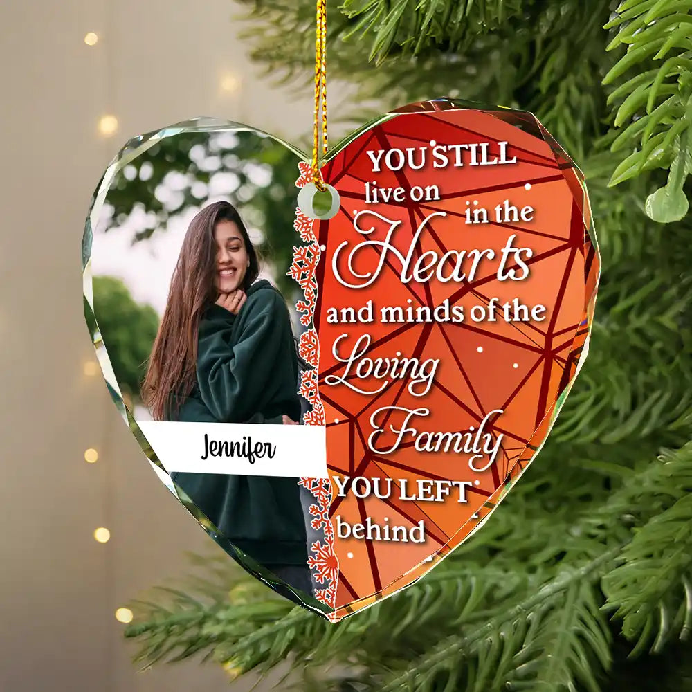 Custom Photo Still Live On The Hearts Christmas - Personalized Heart Shaped Glass Ornament ORNA1210