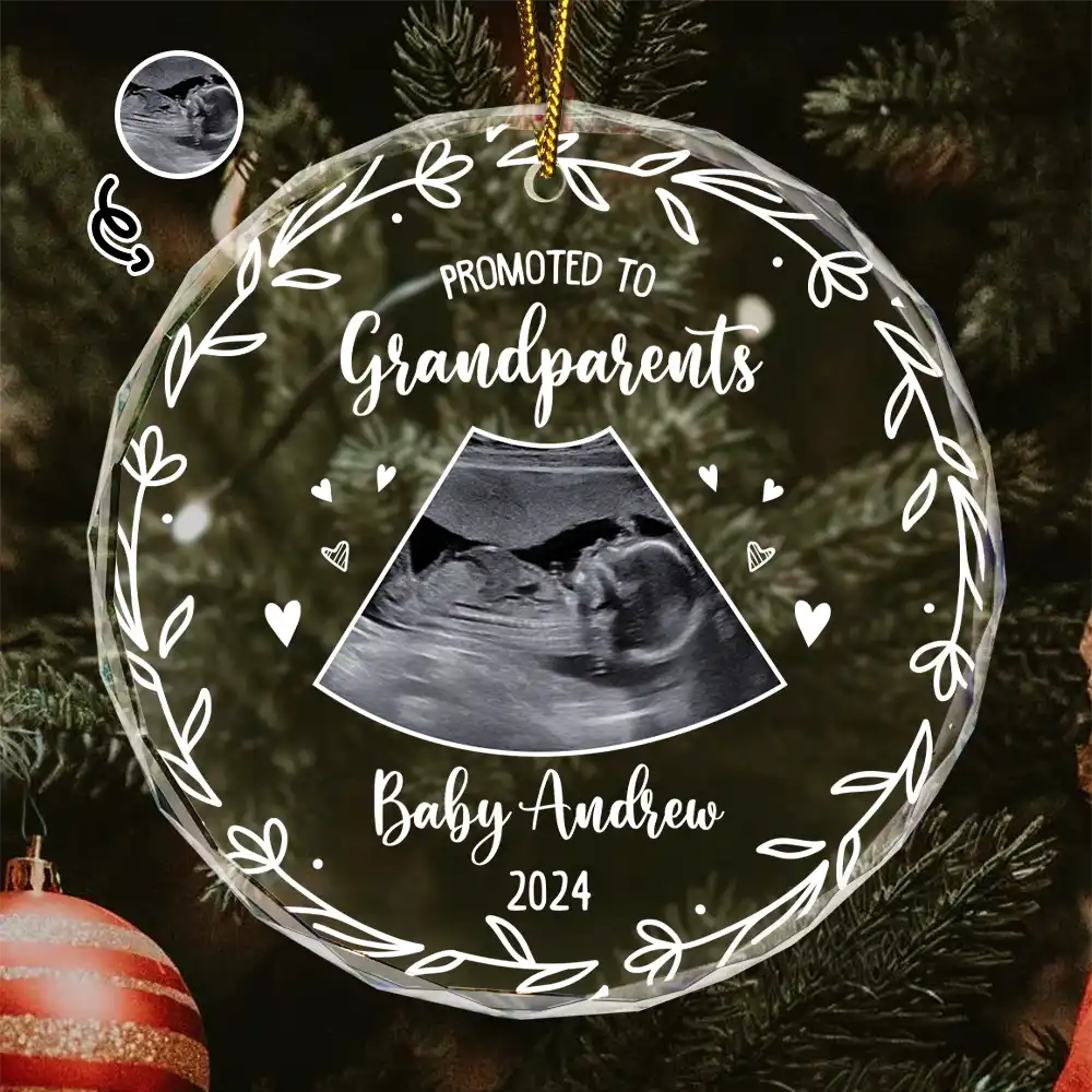 Custom Photo Baby Announcement Promoted To - Personalized Circle Glass Ornament ORNA1210
