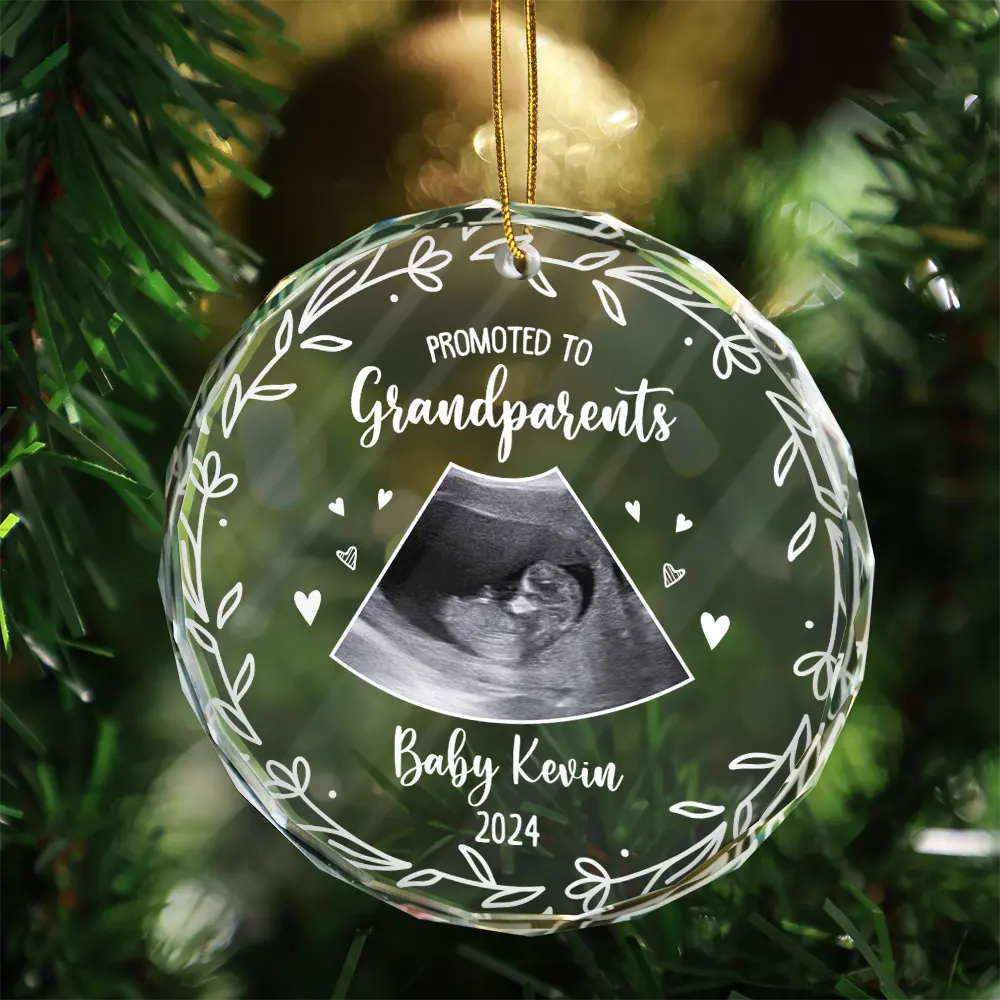 Custom Photo Baby Announcement Promoted To - Personalized Circle Glass Ornament ORNA1210