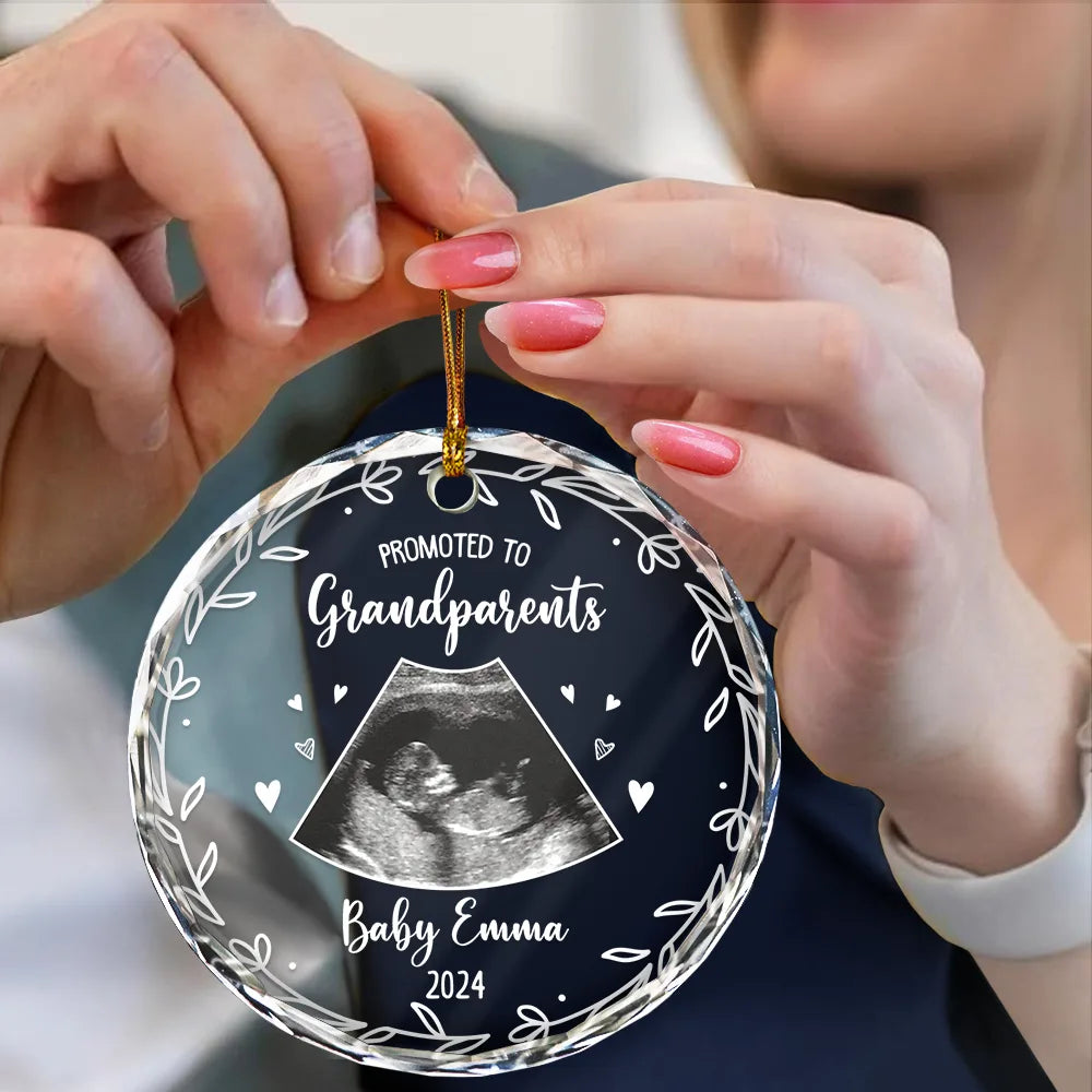 Custom Photo Baby Announcement Promoted To - Personalized Circle Glass Ornament ORNA1210