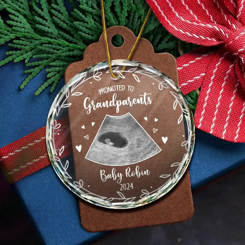 Custom Photo Baby Announcement Promoted To - Personalized Circle Glass Ornament ORNA1210