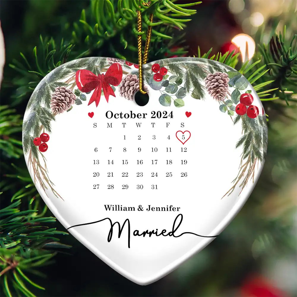 Christmas Calendar Couple Married Engaged - Personalized Heart Ceramic Ornament ORNA1210