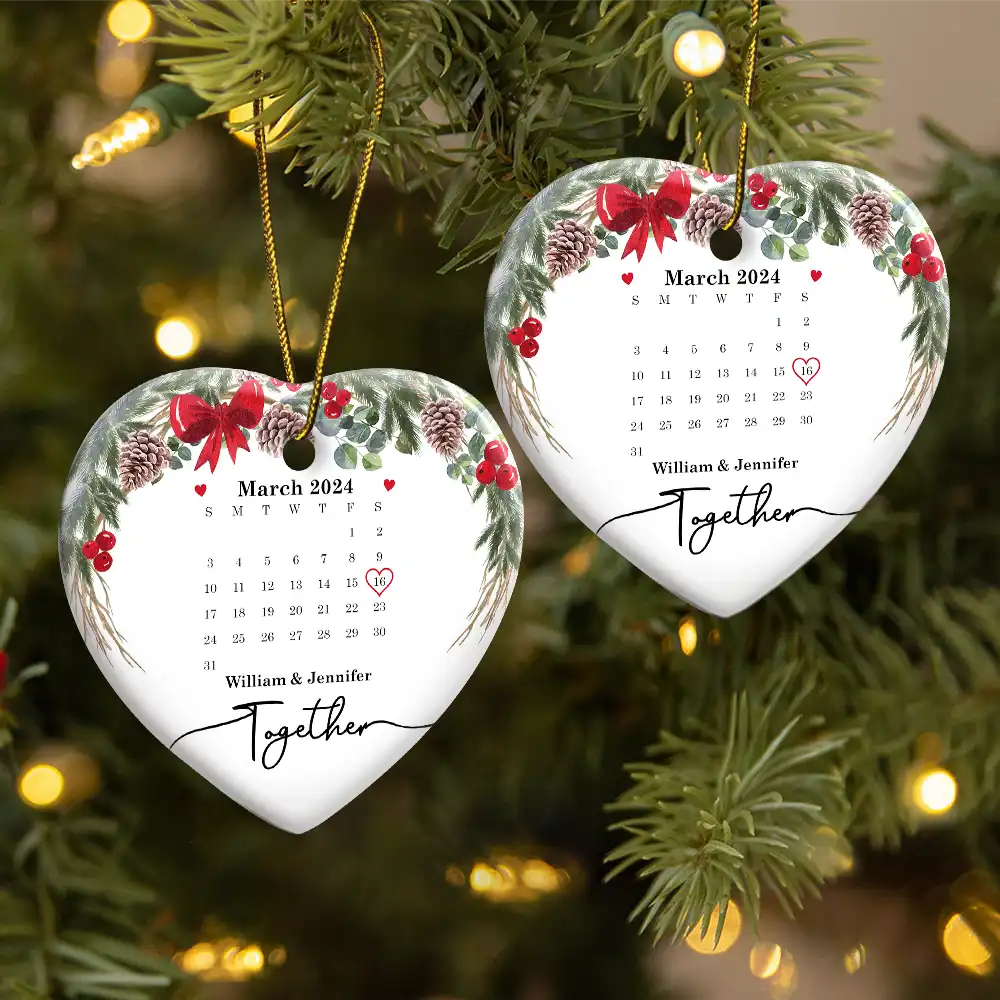 Christmas Calendar Couple Married Engaged - Personalized Heart Ceramic Ornament ORNA1210