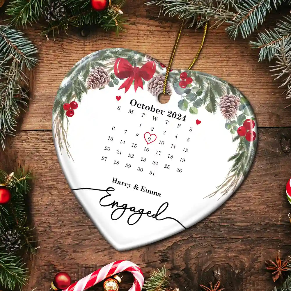 Christmas Calendar Couple Married Engaged - Personalized Heart Ceramic Ornament ORNA1210