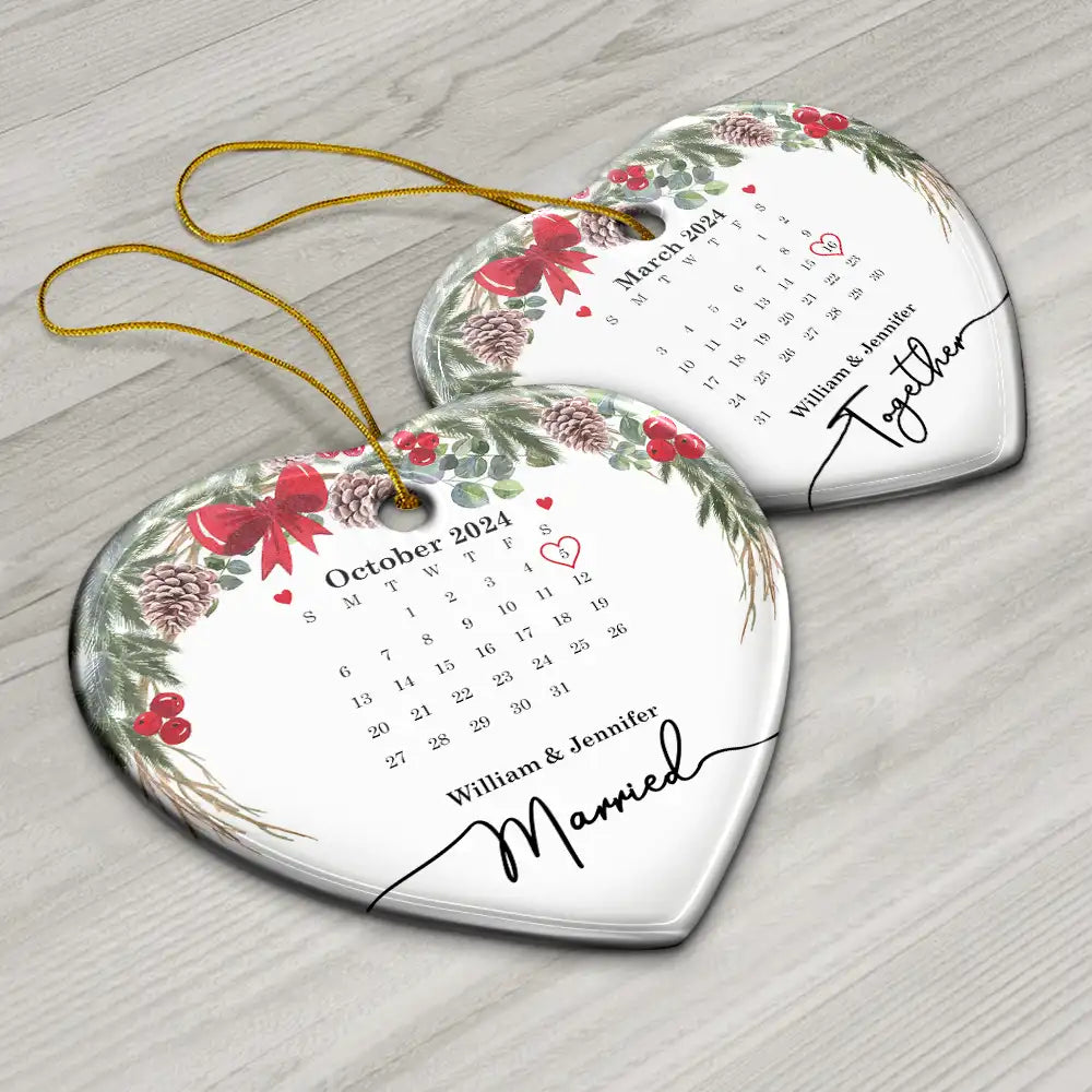 Christmas Calendar Couple Married Engaged - Personalized Heart Ceramic Ornament ORNA1210